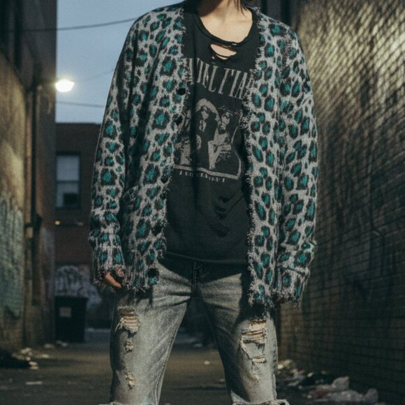 $595 R13 distressed edgy blue gray leopard oversized cardigan S - Picture 4 of 16